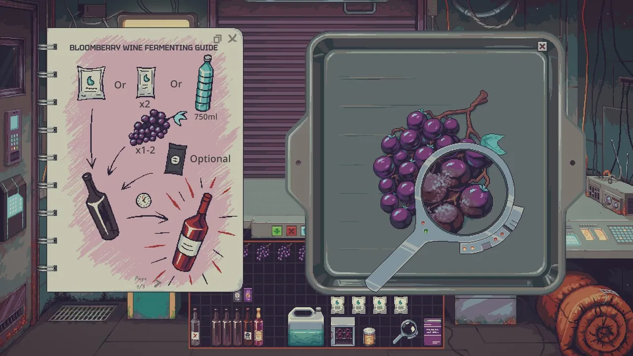 The BloomBerry Wine Fermenting Guide page beside an inspected bunch of BloomBerries in Probably Stolen