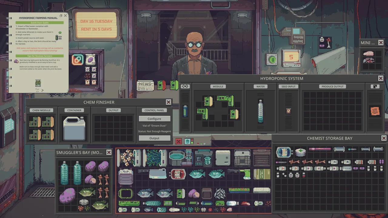 Chem Finisher window with recipe controls next to a Hydroponic System and chemist storage in Probably Stolen