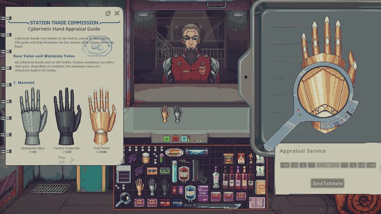 The Cybernetic Hand Appraisal Guide beside a magnified gold-plated hand and the Appraisal Service estimate panel in Probably Stolen