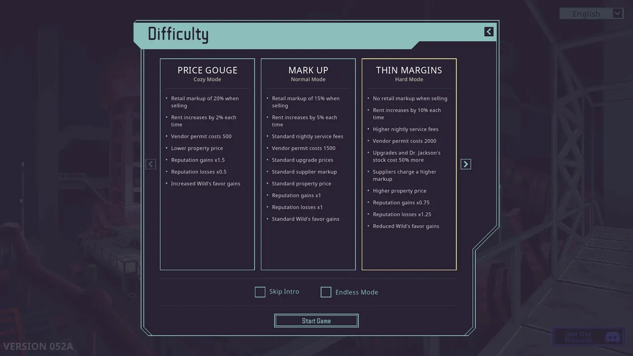 The Probably Stolen difficulty screen comparing Price Gouge, Mark Up and Thin Margins with Skip Intro and Endless Mode toggles