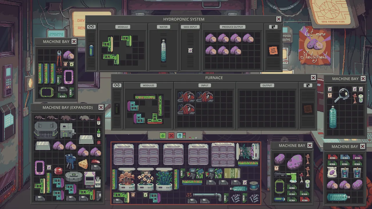 Hydroponic System window growing purple produce above a Furnace and machine bays in Probably Stolen