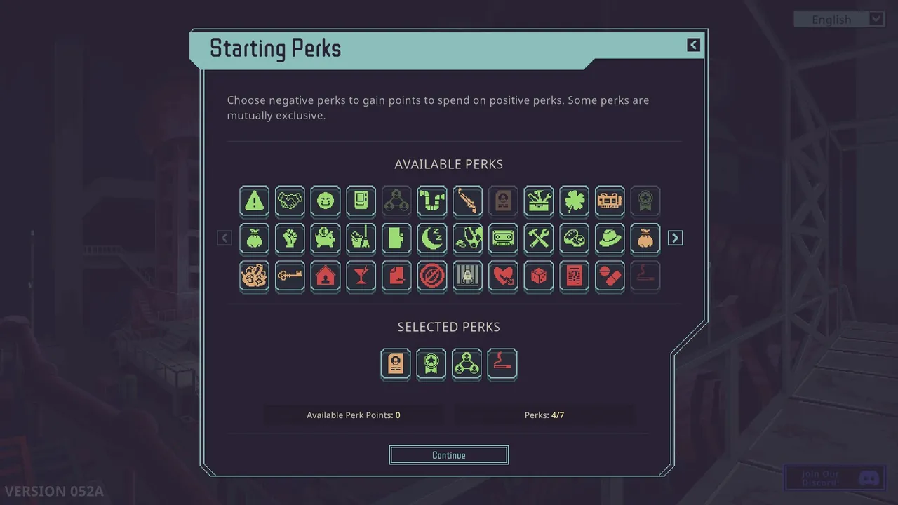 The Starting Perks selection screen with available and selected perk icons in Probably Stolen