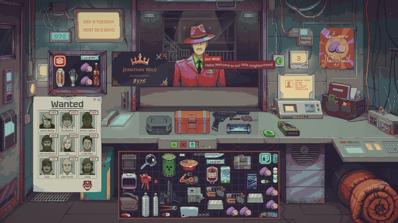 Probably Stolen’s pawnshop counter, inventory and wanted board